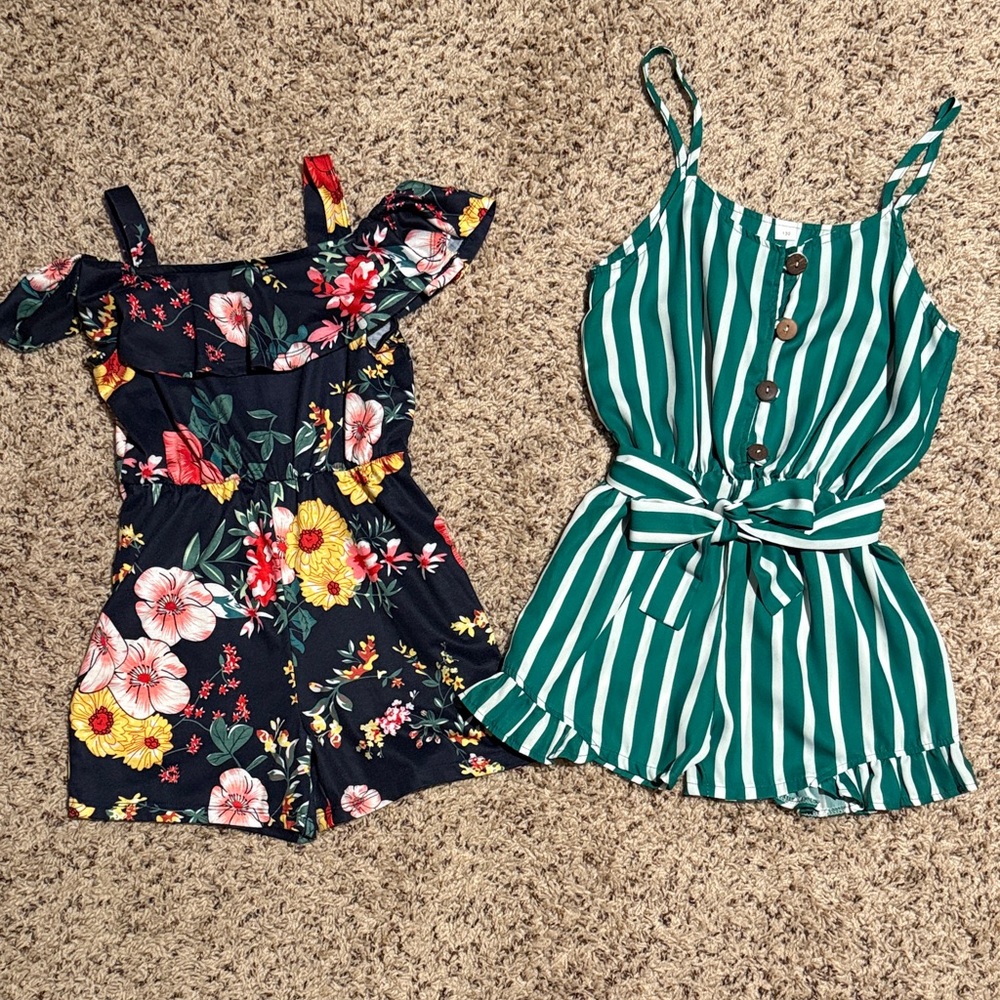 Girls size 130 (8) 2 rompers floral and green and white striped with belt